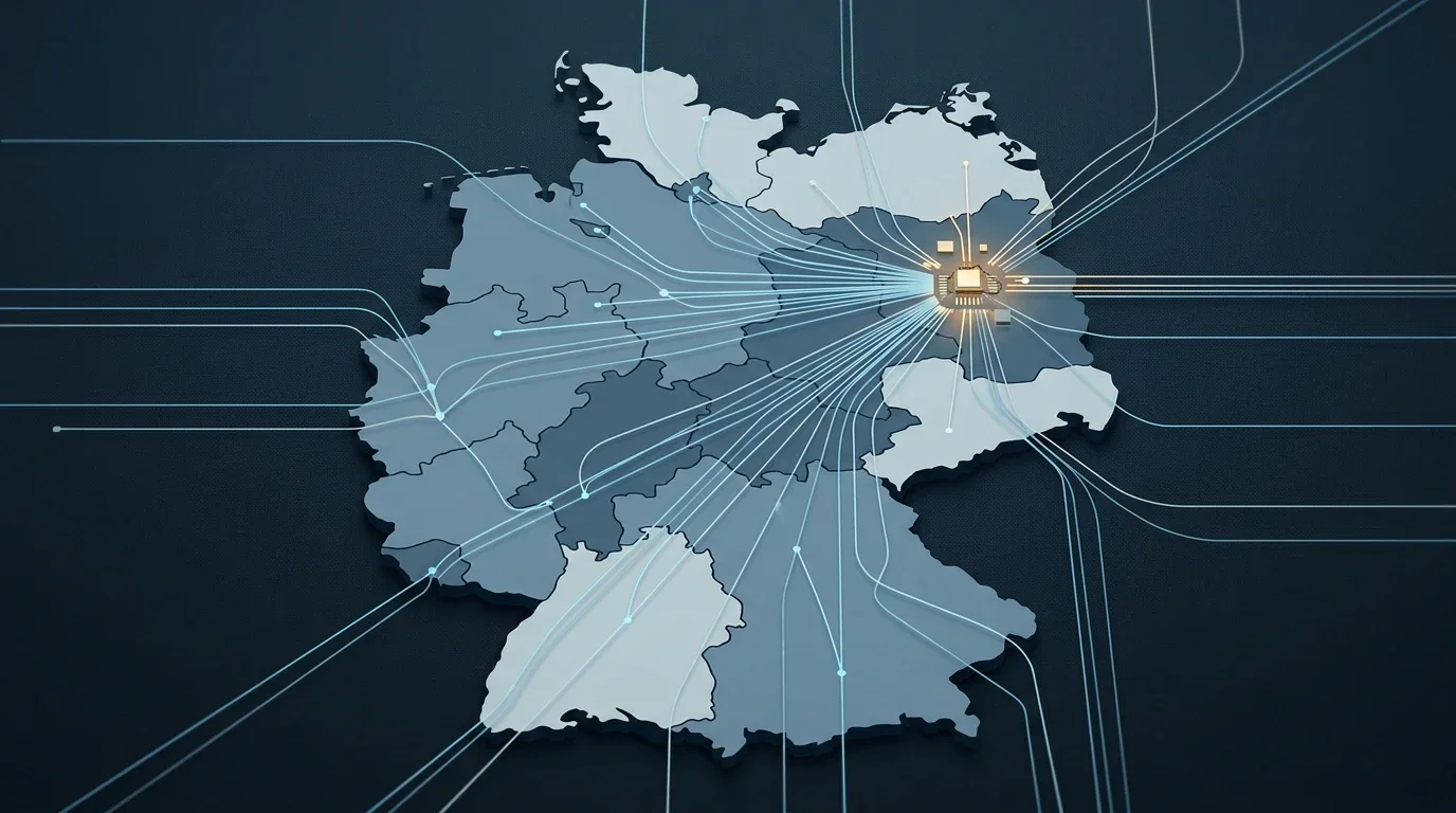 Stilisierte Karte Deutschlands mit Verbindungslinien zu einem zentralen Datenknoten