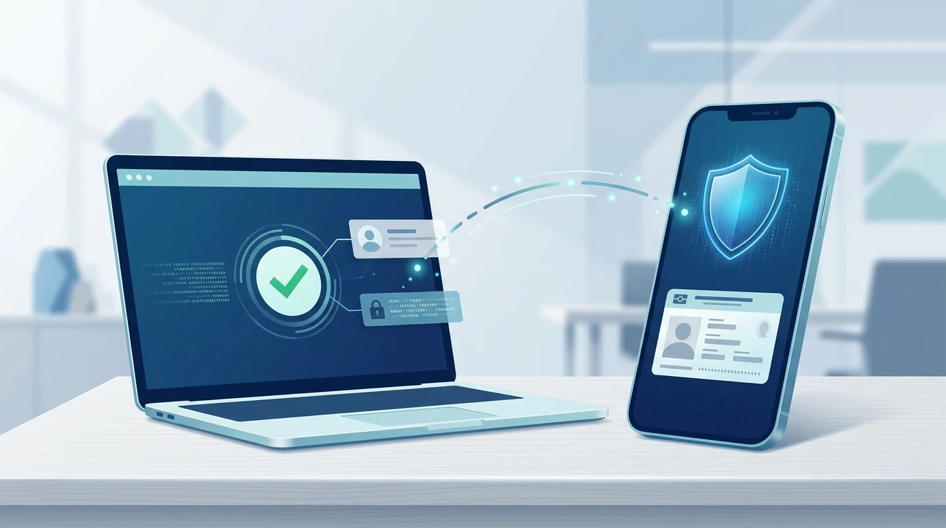 Smartphone mit Ausweis-Funktion neben einem Laptop als Sinnbild digitaler Identifizierung