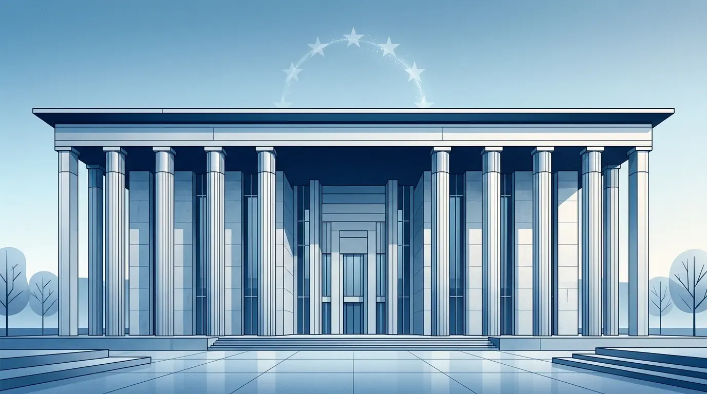 Europäisches Gerichtsgebäude und Sternenkranz als Sinnbild für das EuGH-Urteil zum Online-Glücksspiel