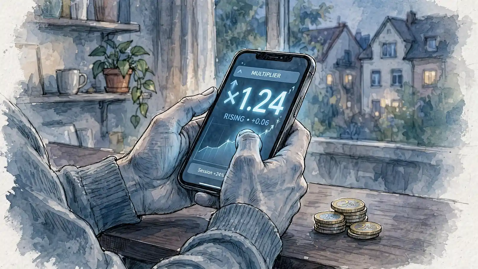 Smartphone mit steigendem Multiplikator und Euromünzen auf einem Tisch