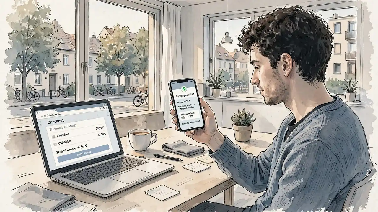 Person am Schreibtisch mit Smartphone und Laptop, warmes Nachmittagslicht in moderner Wohnung