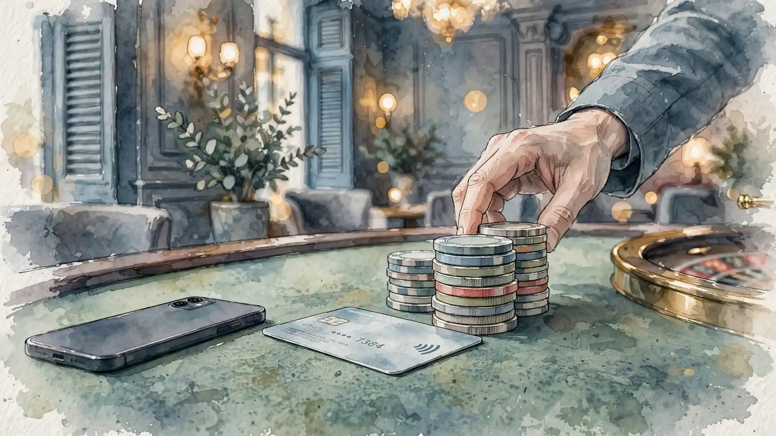 Casino-Tisch mit gestapelten Jetons, kontaktloser Bankkarte und Smartphone in warmem Licht