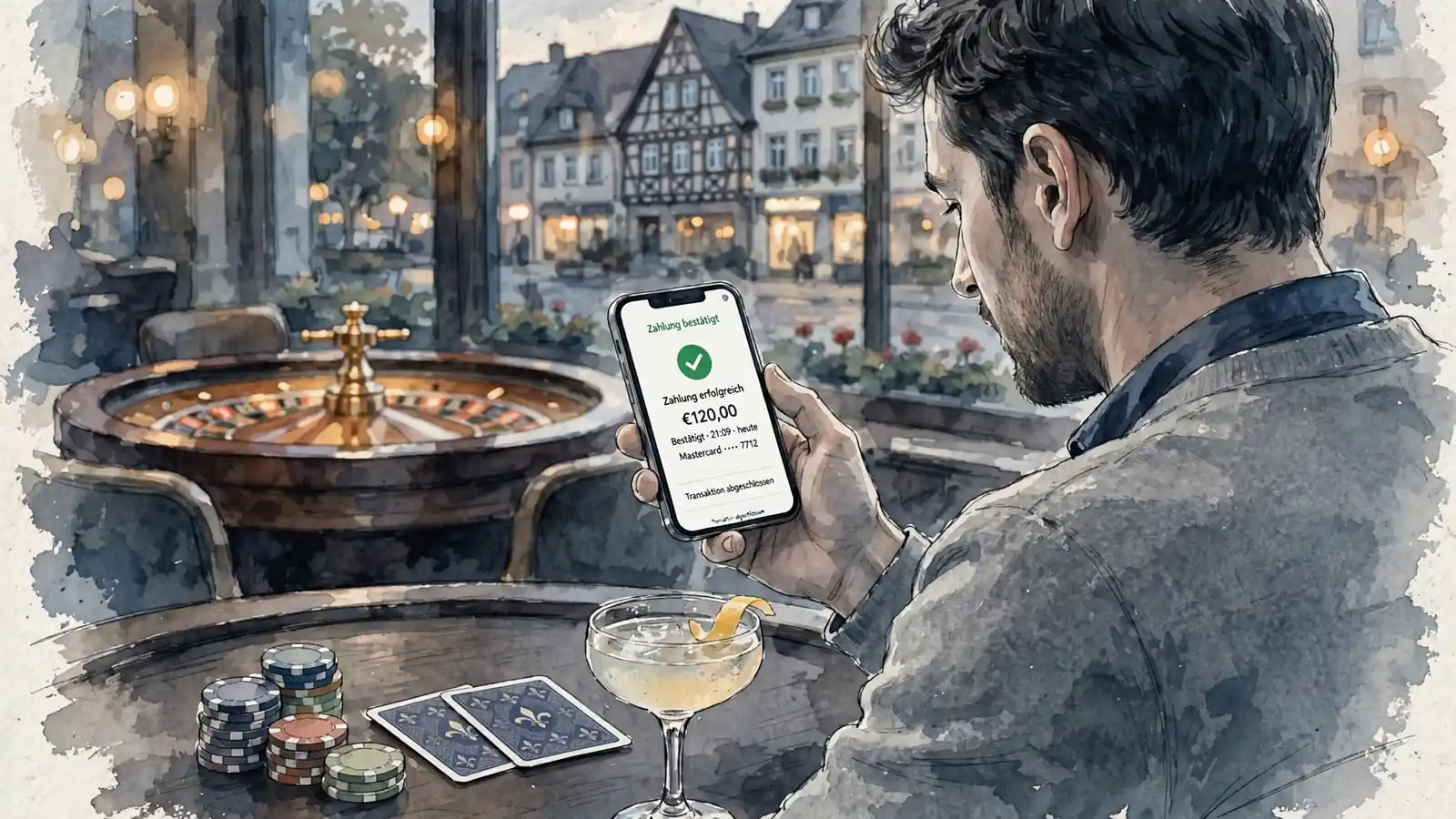 Person am Spieltisch bestätigt Zahlung mit Smartphone, Chips und Karten auf dem Tisch