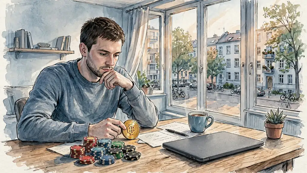 Junger Mann prüft Casino-Chips und Kryptowährung am Schreibtisch in Berliner Wohnung