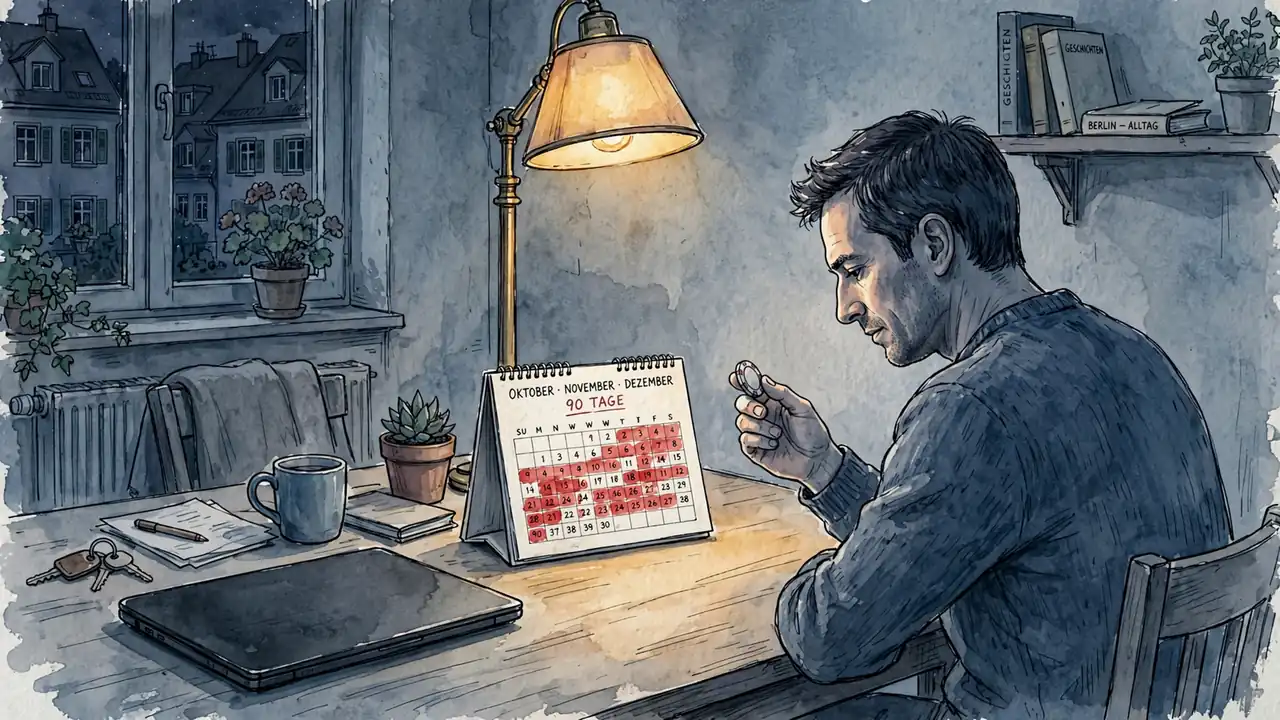 Nachdenklicher Spieler mit Pokerchip und 90-Tage-Kalender am Tisch