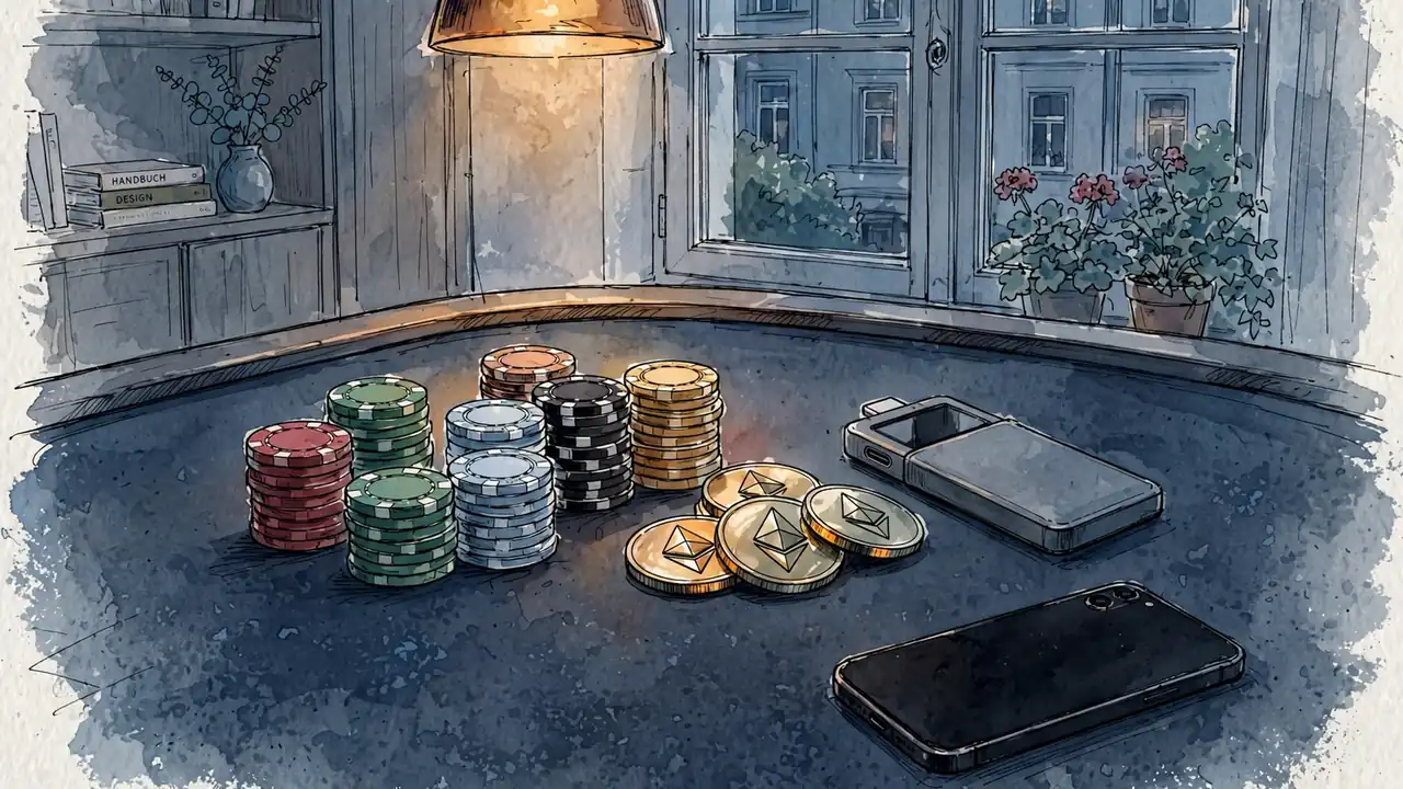 Casino-Tisch mit Ethereum-Münzen, Chips und Hardware-Wallet bei warmem Licht
