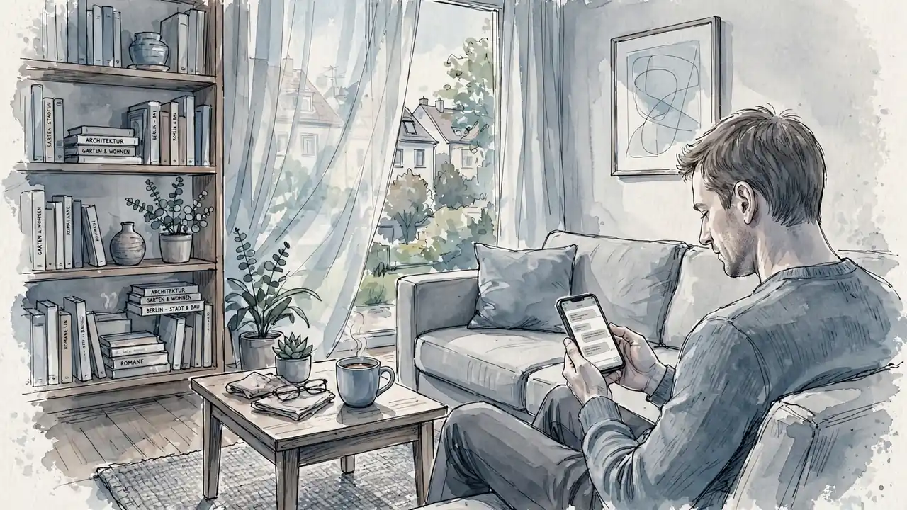 Person mit Smartphone in modernem deutschen Wohnzimmer bei Tageslicht.