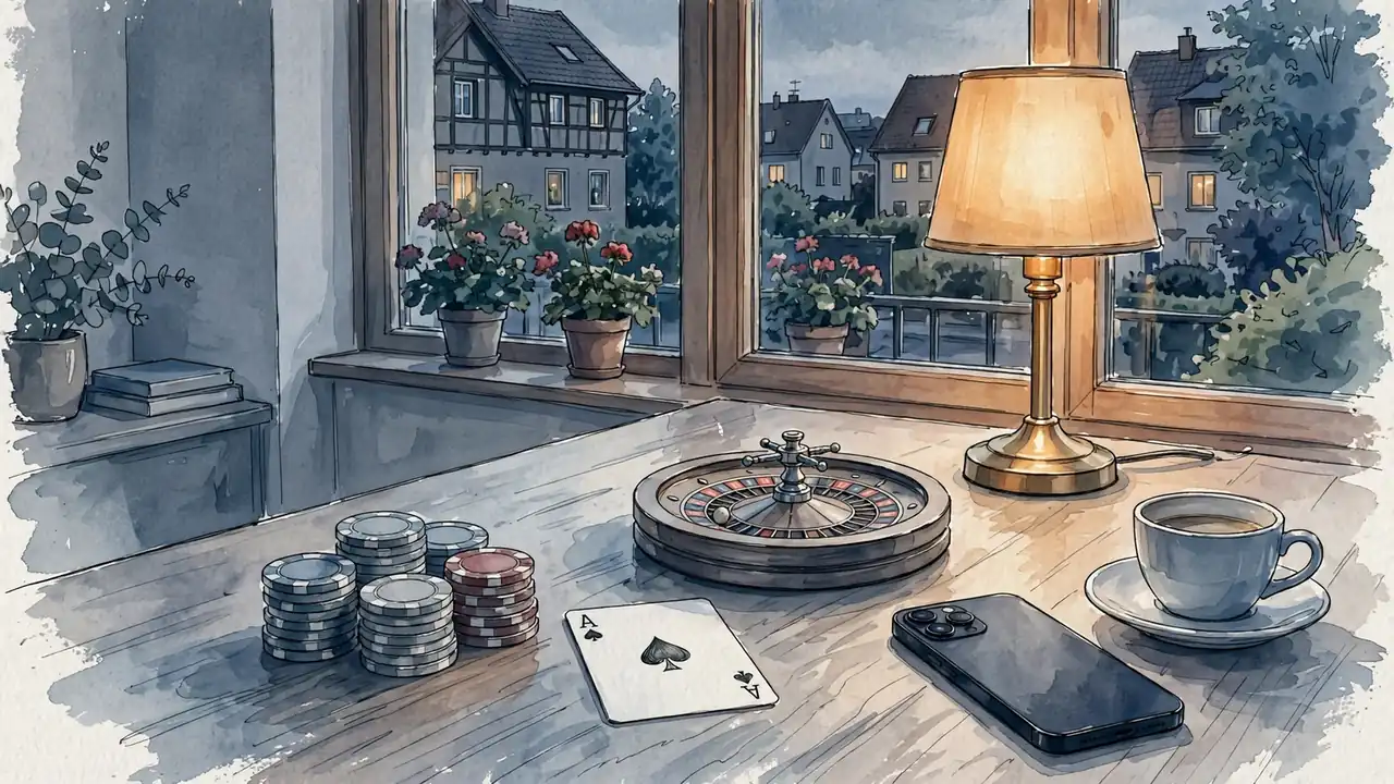 Casino-Chips, Spielkarte und Roulette auf einem Tisch in warmem Licht.