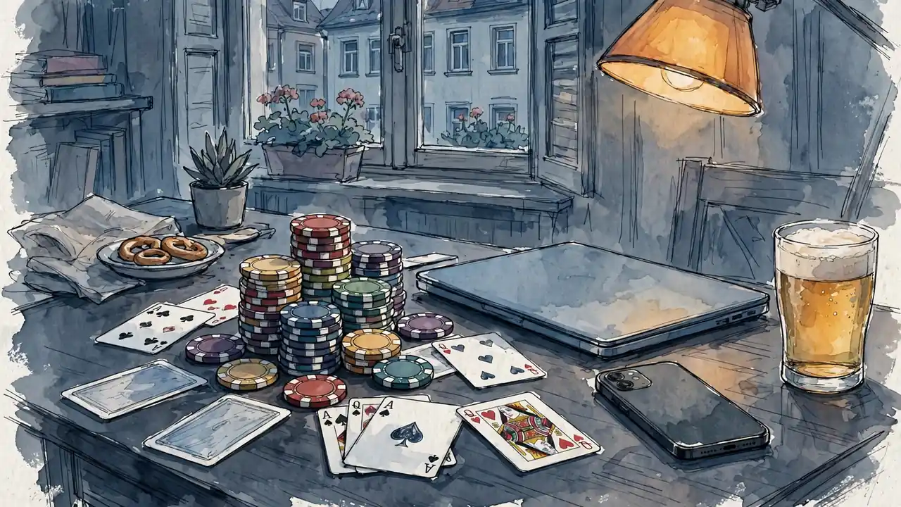Casino-Chips und Spielkarten auf einem Holztisch mit zugeklapptem Laptop, keine Ausweisdokumente sichtbar.