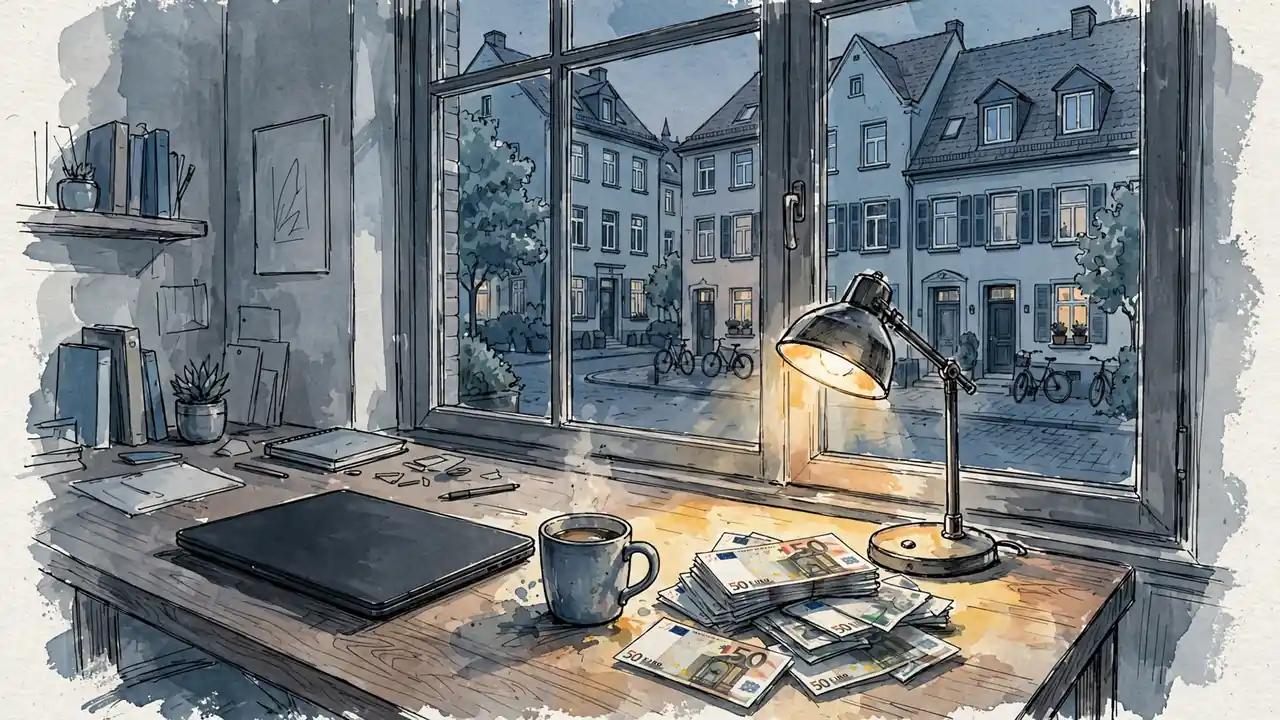Geschlossener Laptop auf Schreibtisch mit Euro-Scheinen und Tasse bei warmem Lampenlicht.