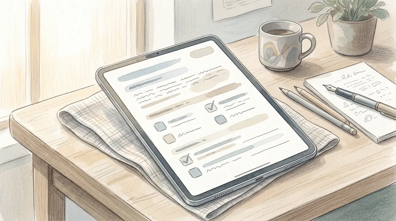 Ruhiger Bildschirm mit angedeutetem Fragebogen als Sinnbild eines Online-Selbsttests
