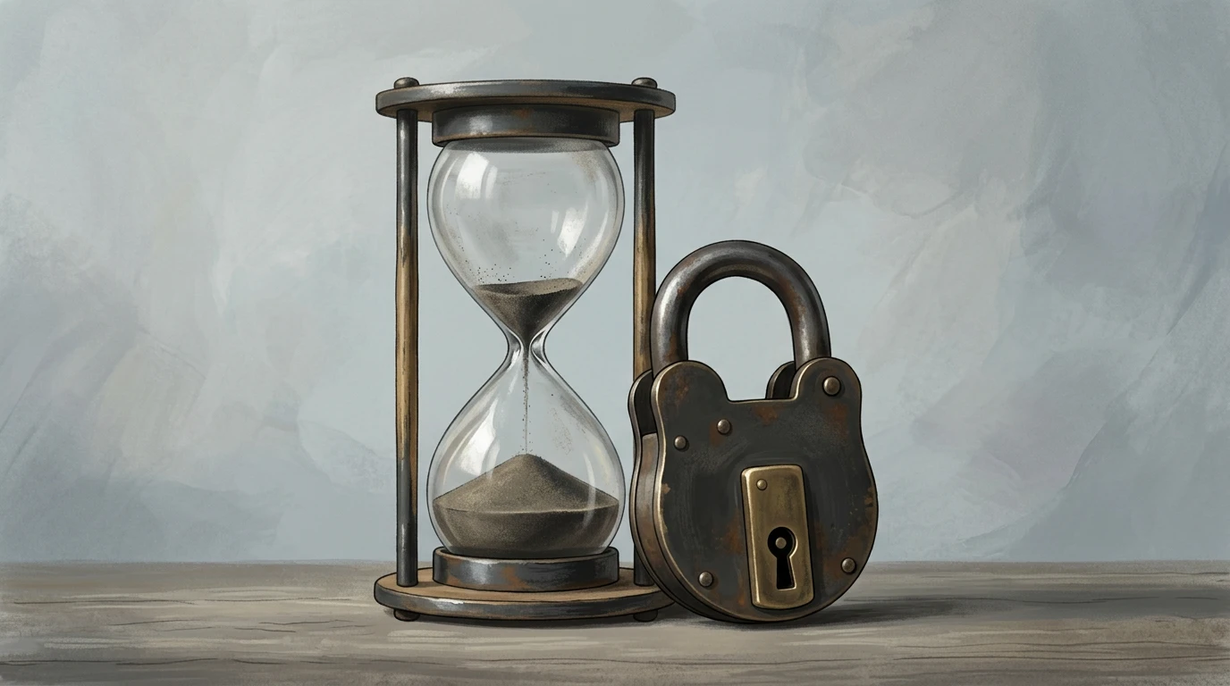 Eine abgelaufene Uhr neben einem weiterhin geschlossenen Schloss als Sinnbild fortbestehender Sperre